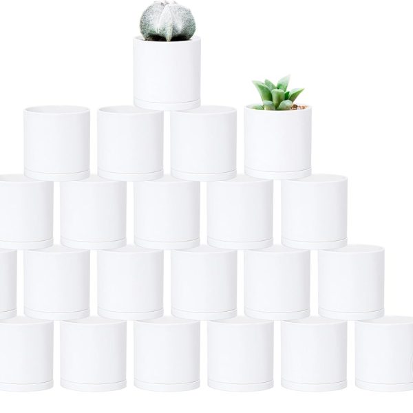 24 Pack 2 Inch Mini Plastic Plant Pots, Small Garden Planters for Plant with Drainage Holes and Saucers, White Color,