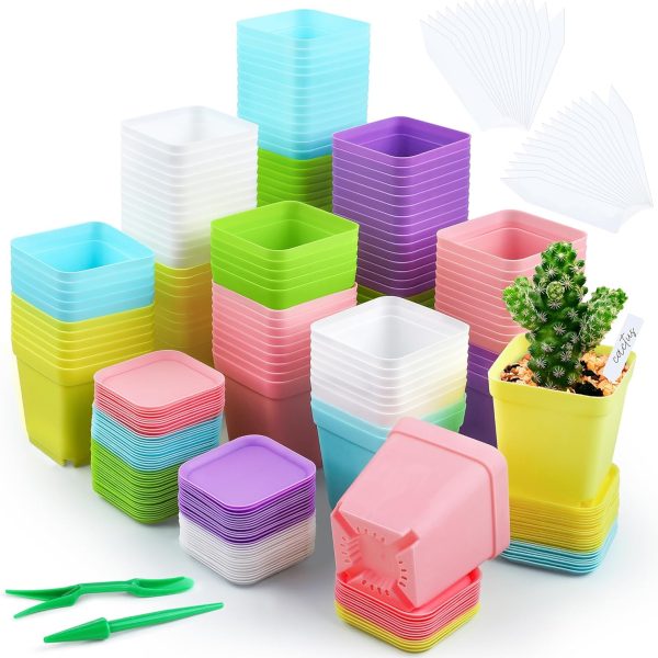 120 Pack Mini Plastic Planters 3 Inch Flower Seedling Nursery Pots with Pallet Colorful Square Flower Plant Pots Seed Starting Pots with Labels and Tools for Home Garden Flowers Plants,6 Colors